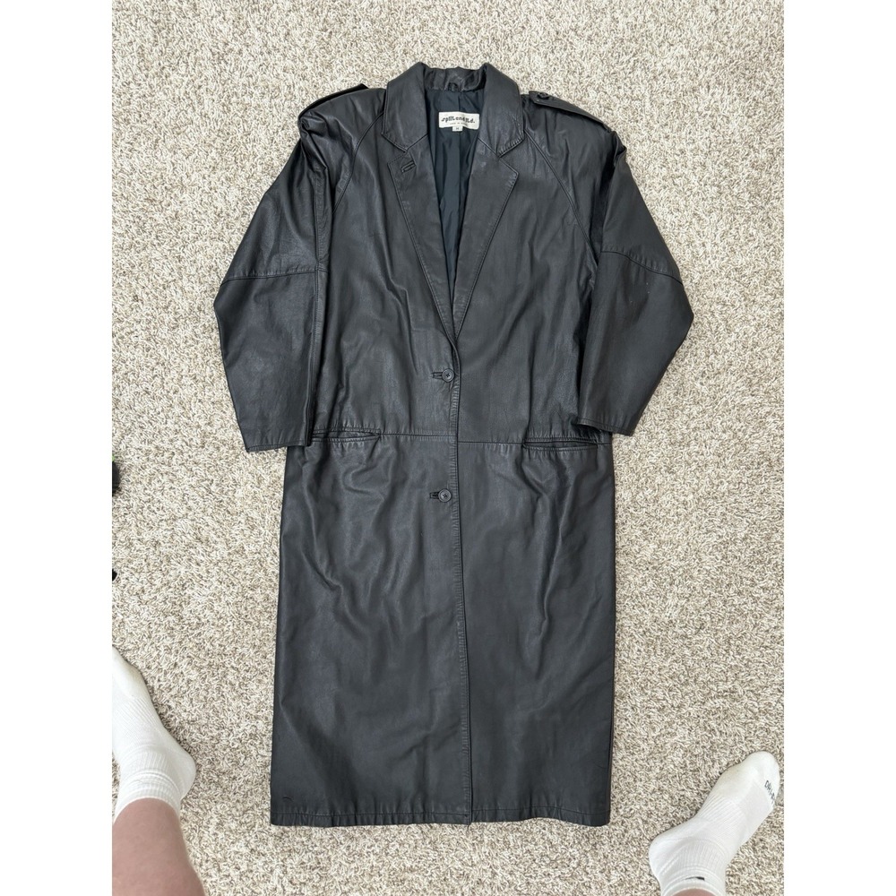 VTG Split End Ltd Black Leather Button Up Trench Over Coat‎ Womens Size M 90s